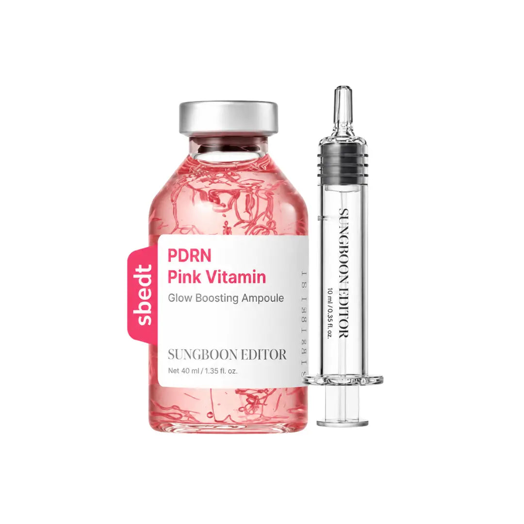 Sungboon Editor PDRN Pink Vitamin Glow Boosting Ampoule 40ml bottle with syringe applicator, glow-boosting PDRN serum