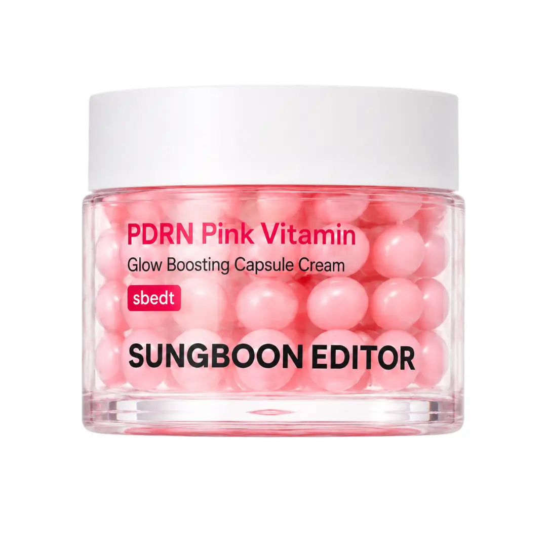 Sungboon Editor PDRN Pink Vitamin Glow Boosting Capsule Cream 50ml jar with pink capsules, glow-boosting moisturiser