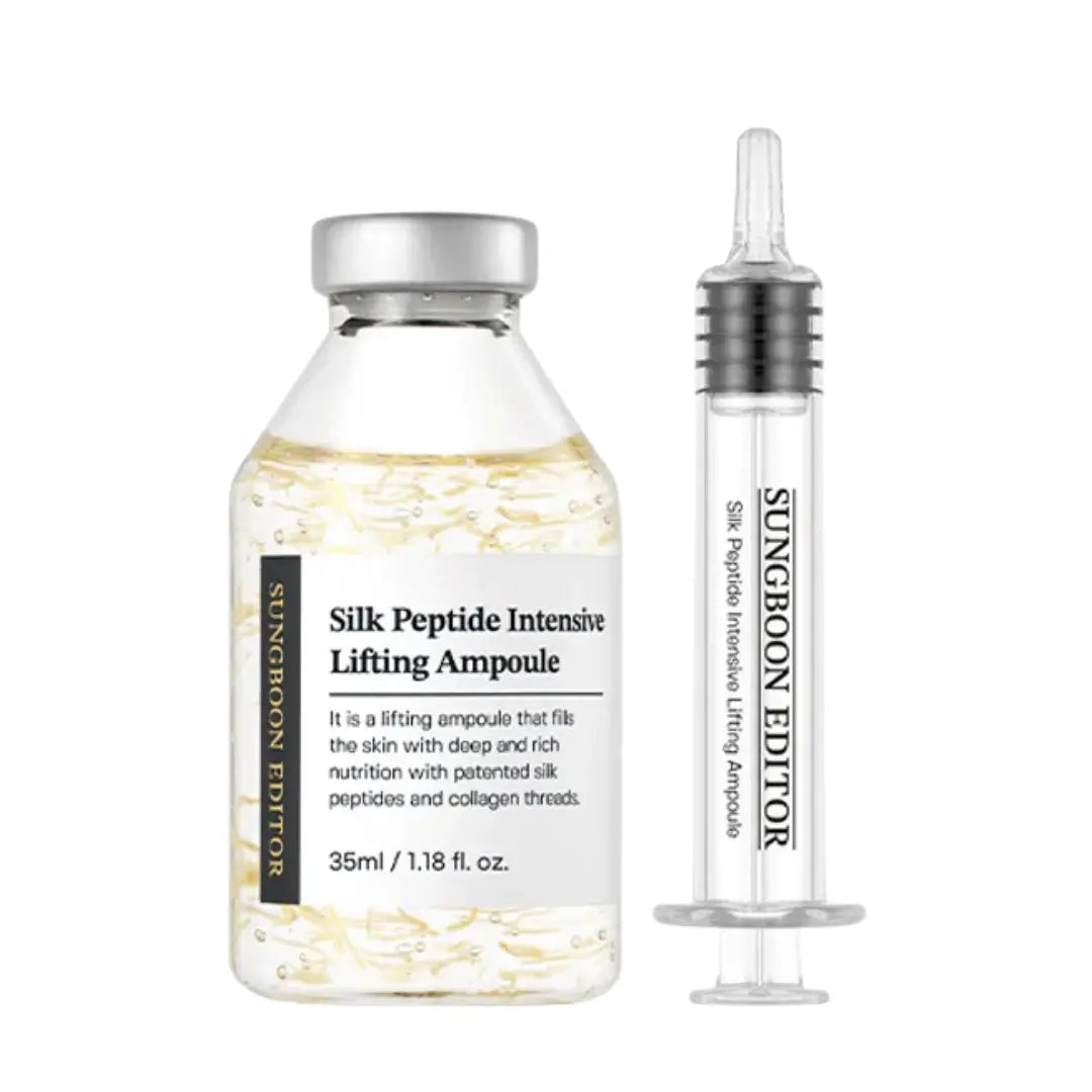 SUNGBOON EDITOR Silk Peptide Intensive Lifting Ampoule set, featuring a 35ml clear glass vial filled with golden-yellow liquid and a clear syringe applicator with a black and silver cap, on a solid white background.