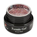 Atica Twinkle Gel Champagne 8ml – open jar with rose-gold holographic glitter gel.

