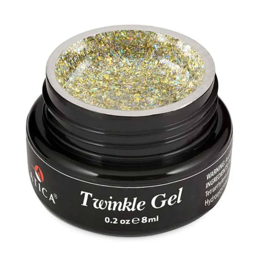 Atica Twinkle Gel Ice Baby 8ml – open jar with gold and silver holographic glitter gel.