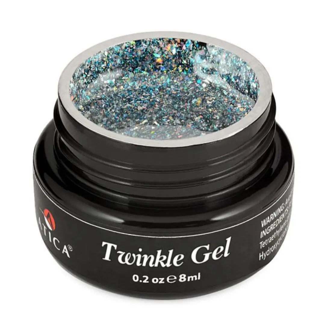 Atica Twinkle Gel Moon 8ml – open jar with blue-silver holographic glitter gel.