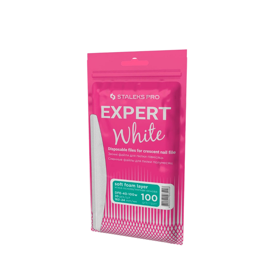 Disposable White Files For Crescent Nail File EXPERT 40, 100 grit, 30 pcs, soft foam layer for reduced pressure on nails, reliable adhesive base, ideal for artificial nails.

