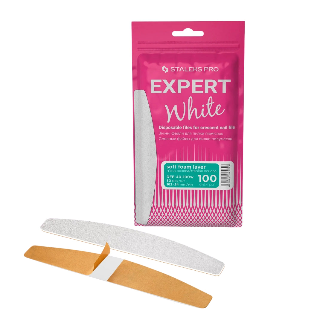 Disposable White Files For Crescent Nail File EXPERT 40, 100 grit, 30 pcs, soft foam layer for reduced pressure on nails, reliable adhesive base, ideal for artificial nails.

