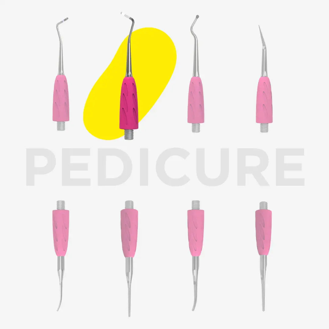 Set of pink pedicure tools with a yellow oval and 'Pedicure' text on a light gray background