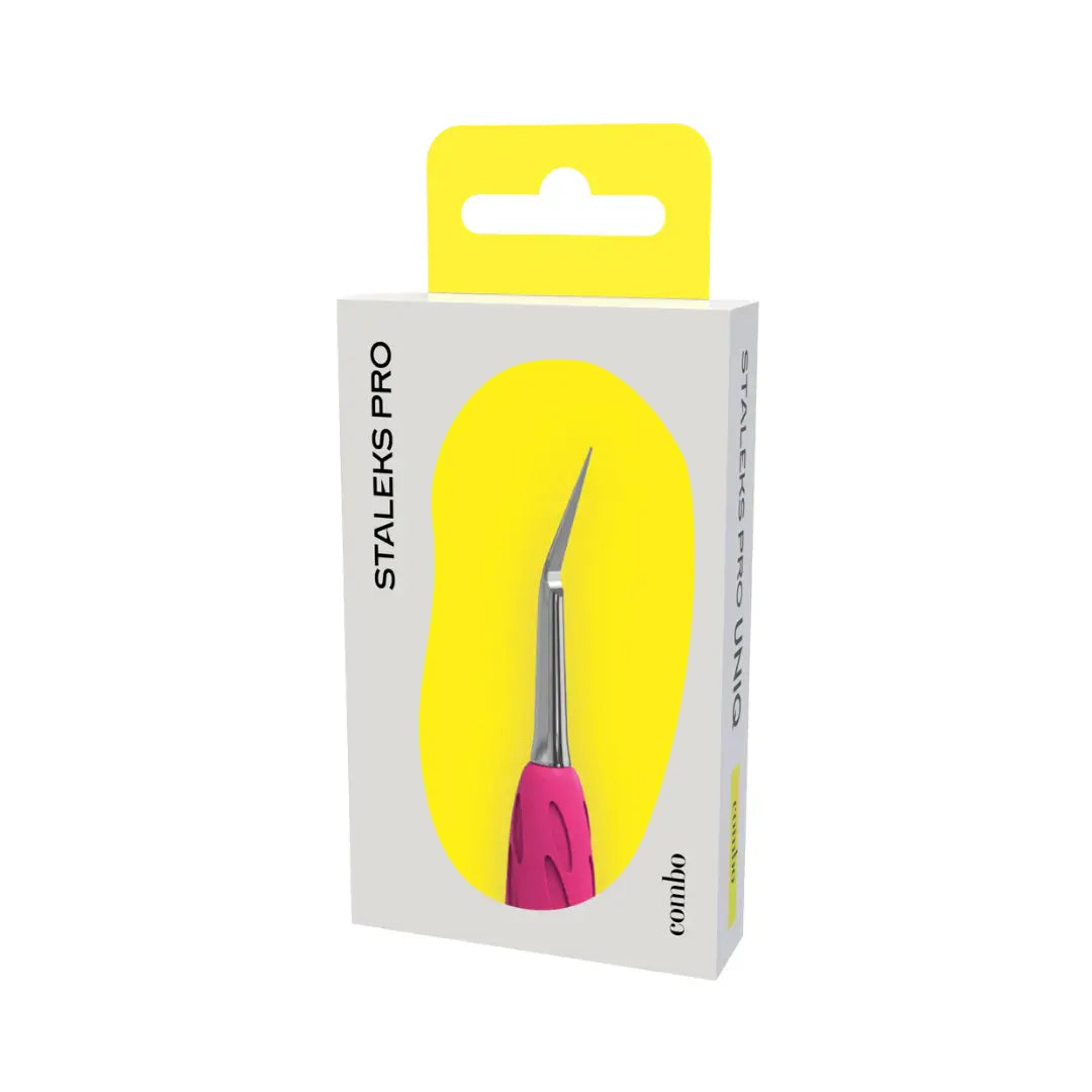 Staleks Pro combo tool packaging with a yellow background and pink tool.