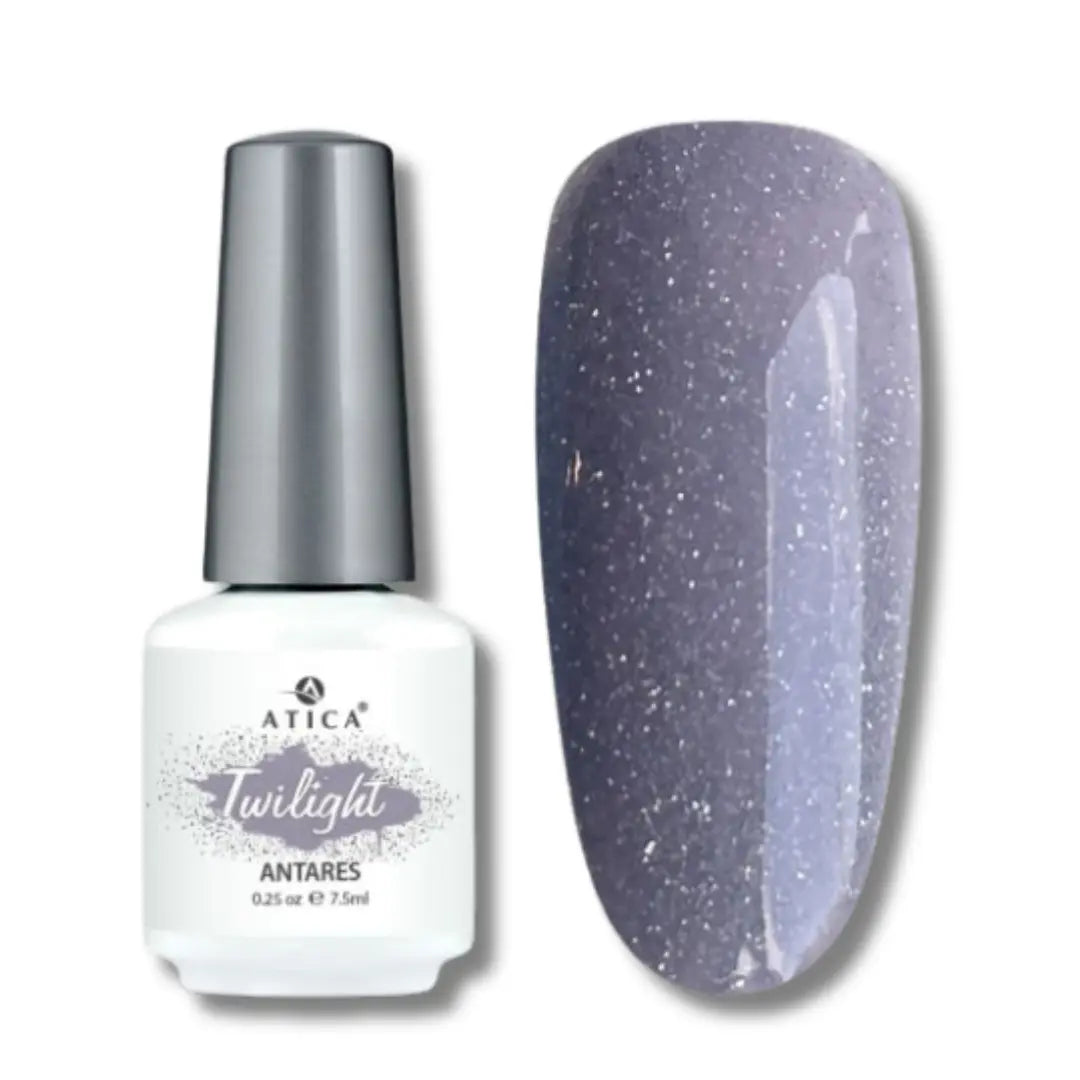 Atica TWILIGHT Gel Polish in Antares – muted violet shimmer gel polish bottle, 7.5ml