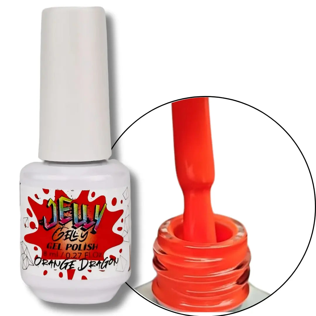 Orange gel nail polish bottle with a close-up of the open bottle showing the bright orange color.