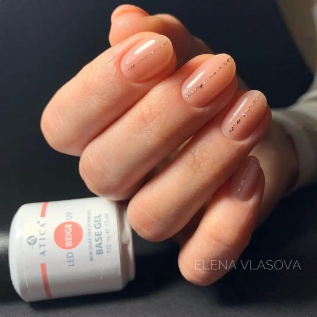 Atica Beige Camouflage Base 15ml – rubber base coat, smooths nails, glossy finish, strengthens brittle nails, long-lasting wear, non-yellowing.