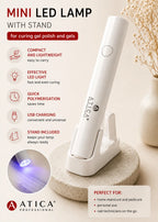 A white Atica Mini LED Lamp with its stand, displayed on a beige stone pedestal with promotional text and icons on a light beige background.