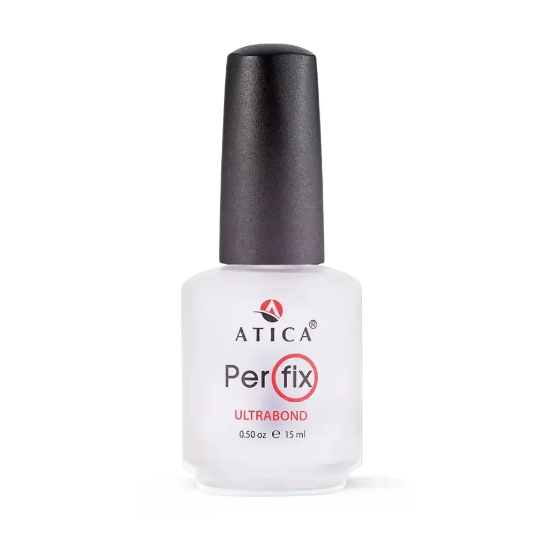 A bottle of ATICA Perfix Ultrabond nail polish in white, featuring a black cap and a white bottle with red and black branding.