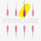 Set of pink pedicure tools with a yellow oval on a white background, labeled 'Pedicure'.