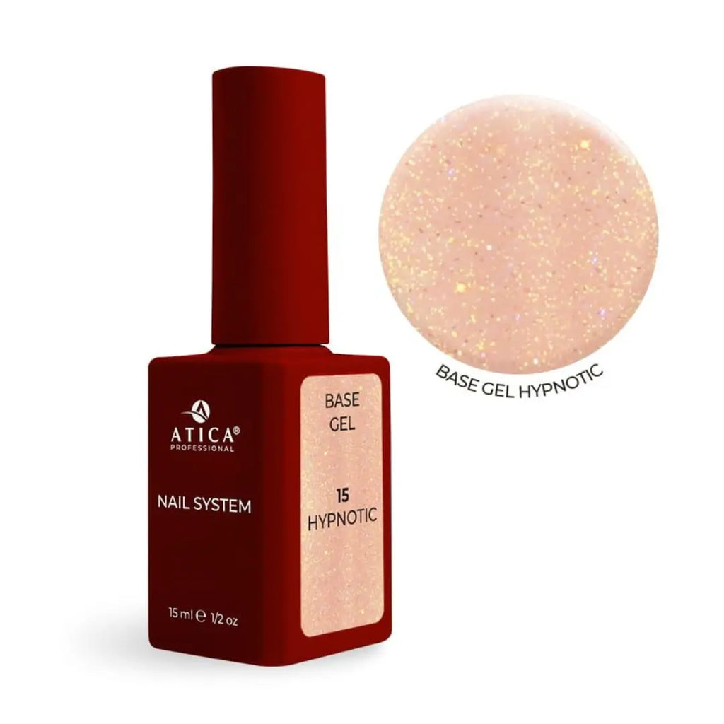 Atica Cover Base Gel 15 Hypnotic 15ml bottle, shimmer nude nail base