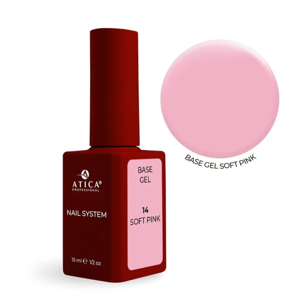 Atica Cover Base Gel 14 Soft Pink 15ml bottle, stable pink nude nail base