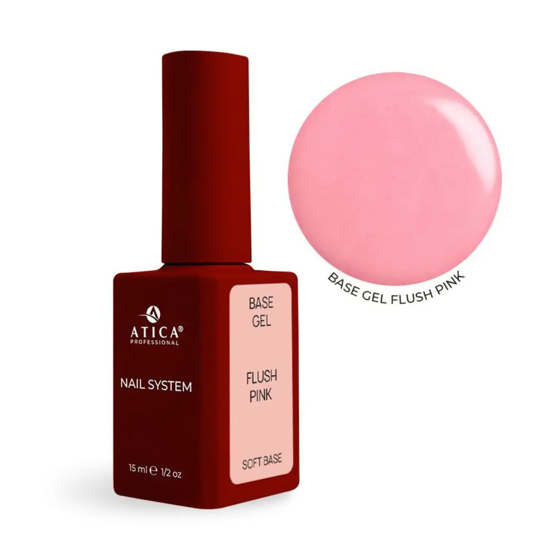 Atica Soft Base Coat Flush Pink 15ml bottle, warm pink tinted rubber base for natural manicure