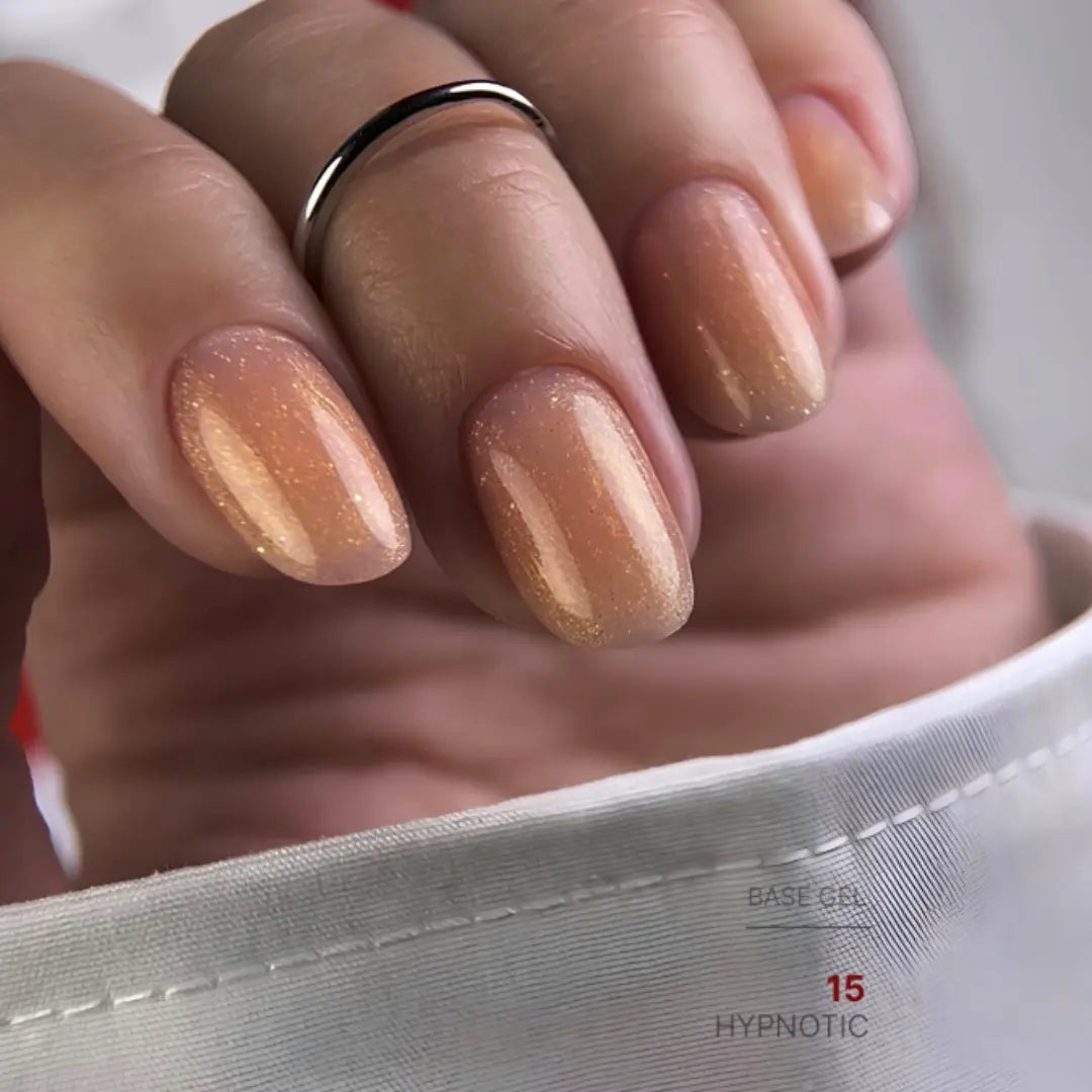 Hypnotic shimmer nude nail base texture swatch, glowing camouflage effect