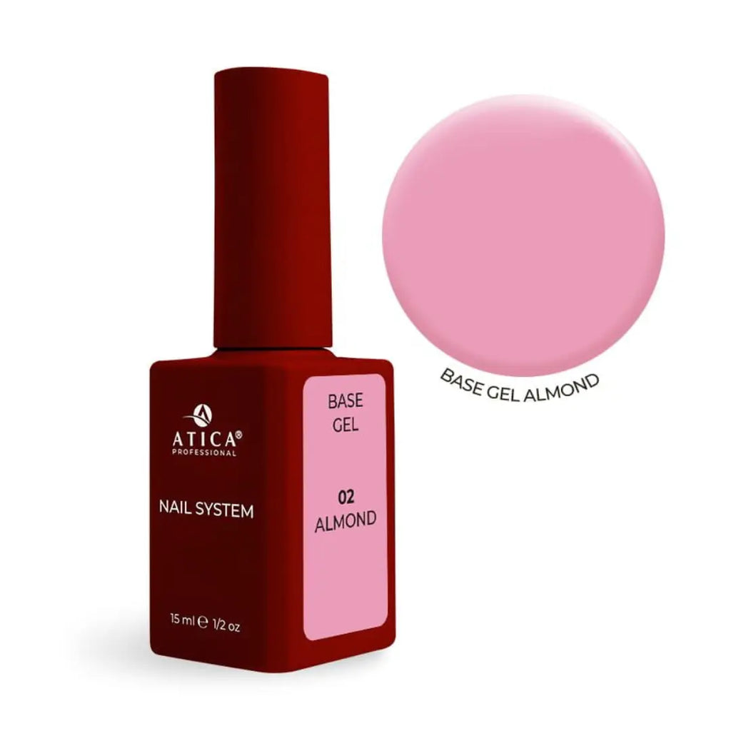 Atica Cover Base Gel 02 Almond 15ml bottle, warm pink beige nude nail base