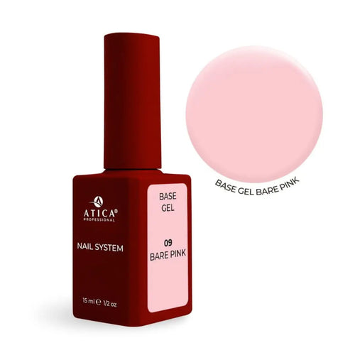 Atica Cover Base Gel 09 Bare Pink 15ml bottle, soft pink nude nail base