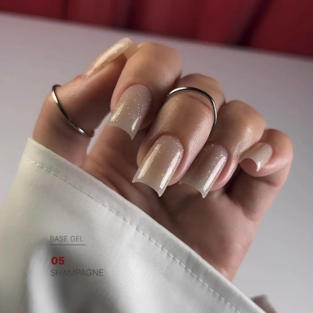 Champagne pearl nude nail base texture swatch, luminous shimmer camouflage