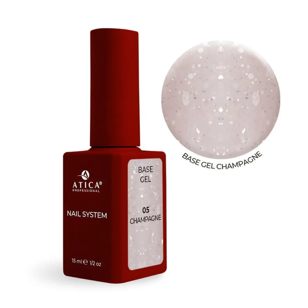 Atica Cover Base Gel 05 Champagne 15ml bottle, pearl nude nail base