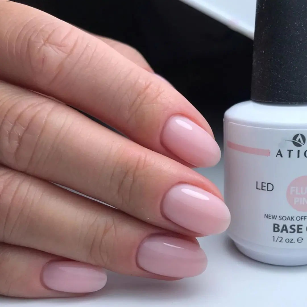 Warm nude pink nail base swatch, healthy natural nail camouflage effect