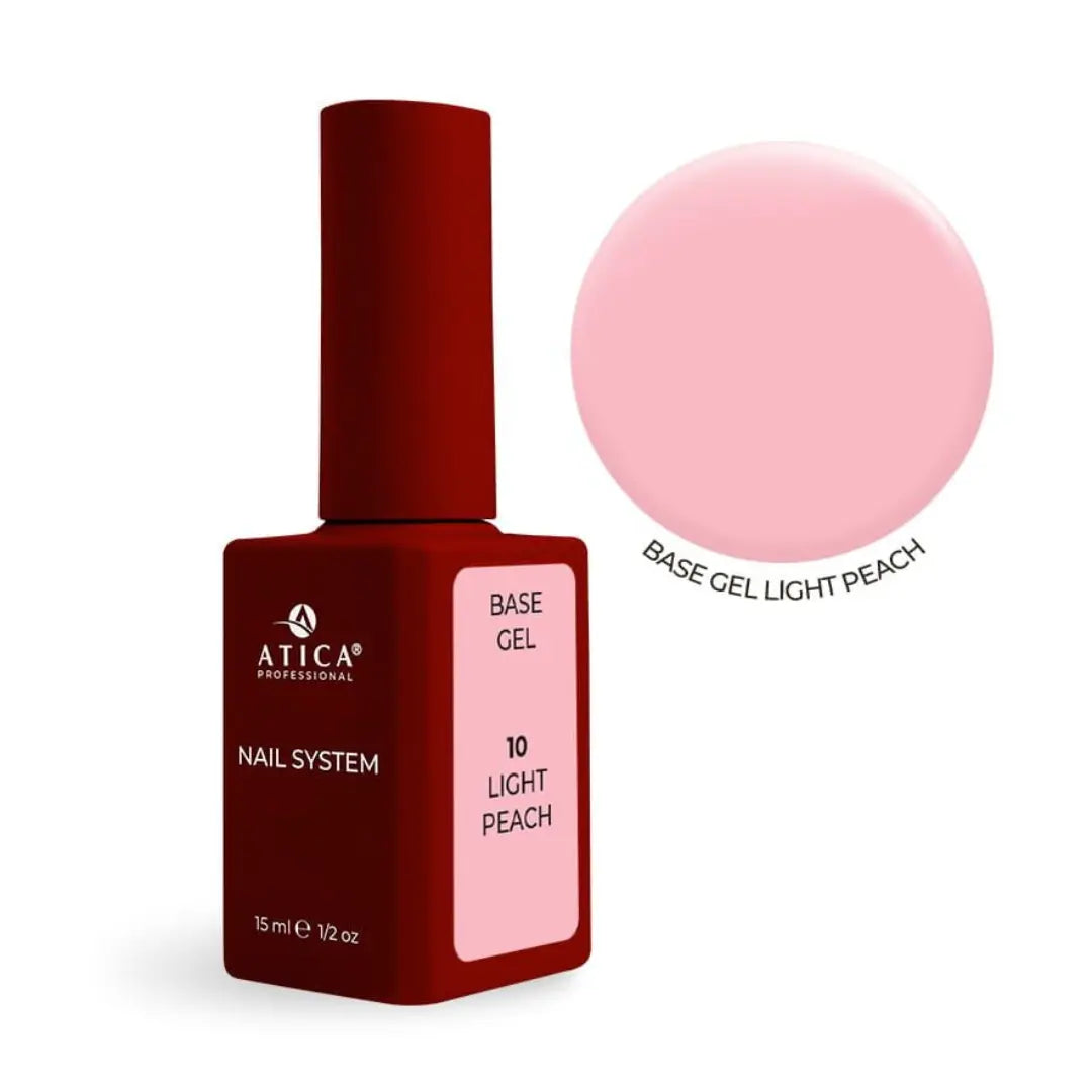 Atica Cover Base Gel 10 Light Peach 15ml bottle, warm peach nude nail base