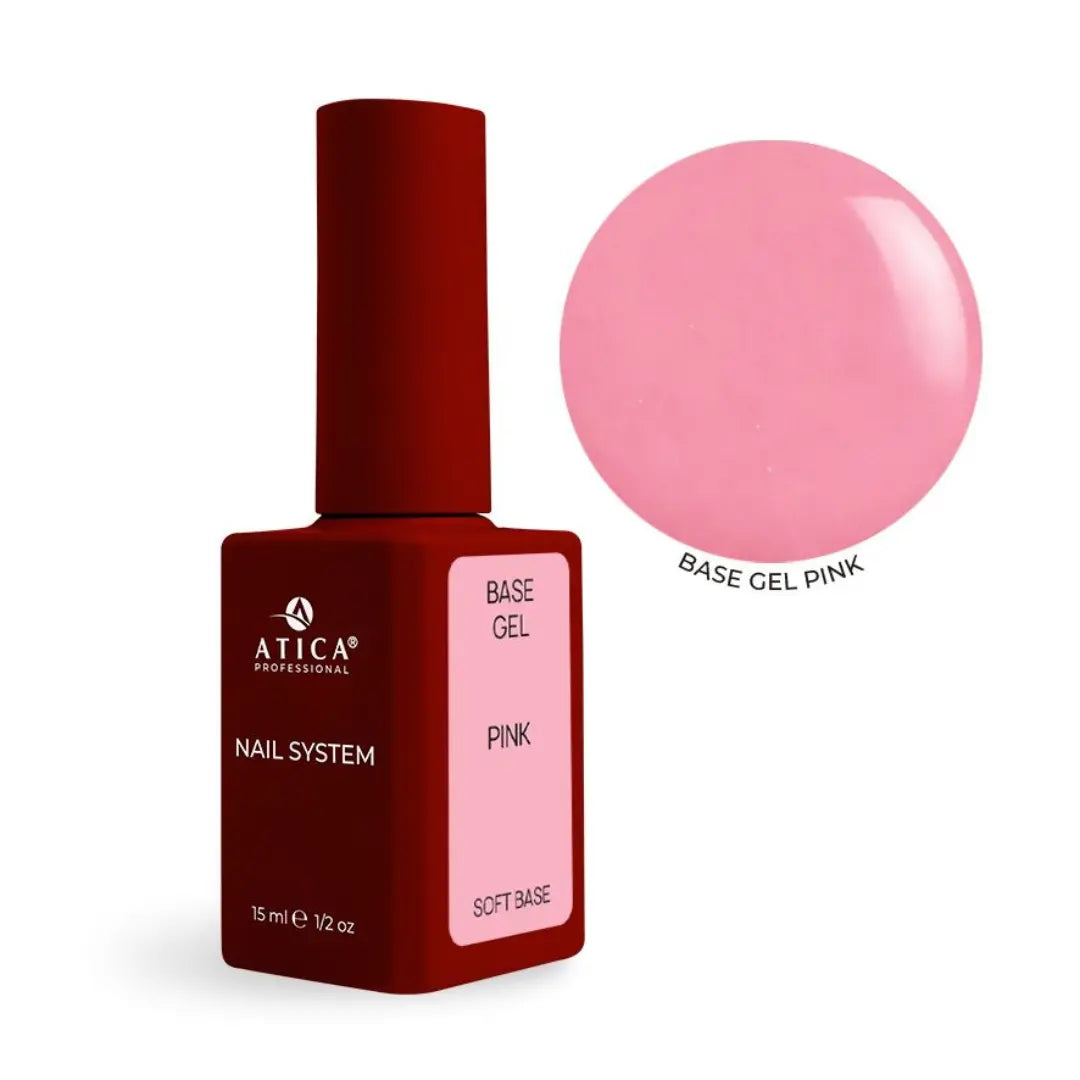 Atica Soft Base Coat Pink 15ml bottle, baby pink tinted rubber base for french manicure
