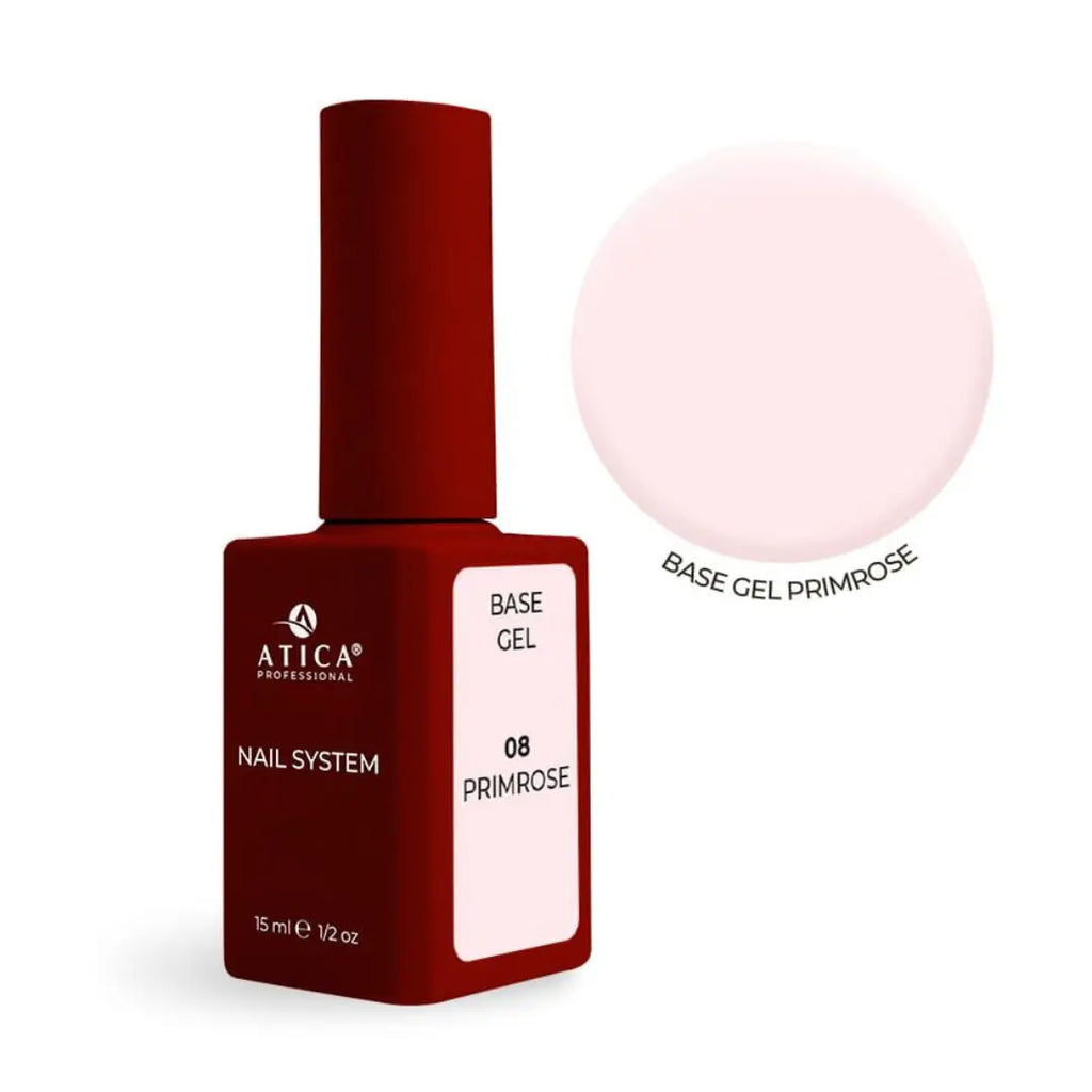 Atica Cover Base Gel 08 Primrose 15ml bottle, milky pink nude nail base