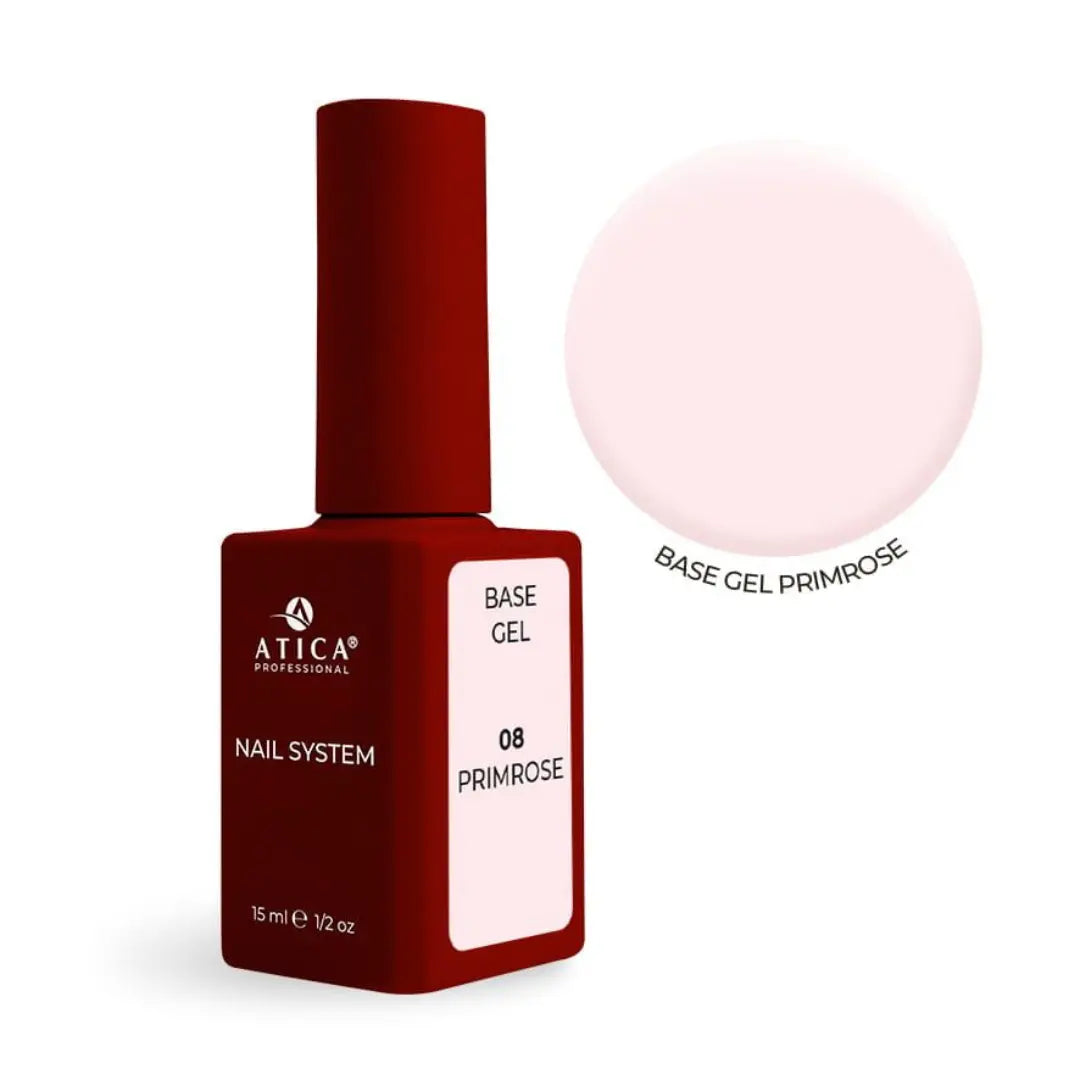 Atica Cover Base Gel 08 Primrose 15ml bottle, milky pink nude nail base