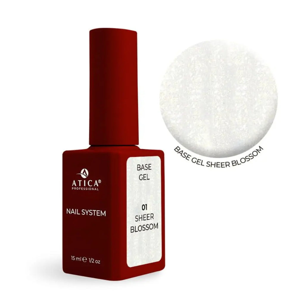 Atica Cover Base Gel 01 Sheer Blossom 15ml bottle, pearly nude nail base