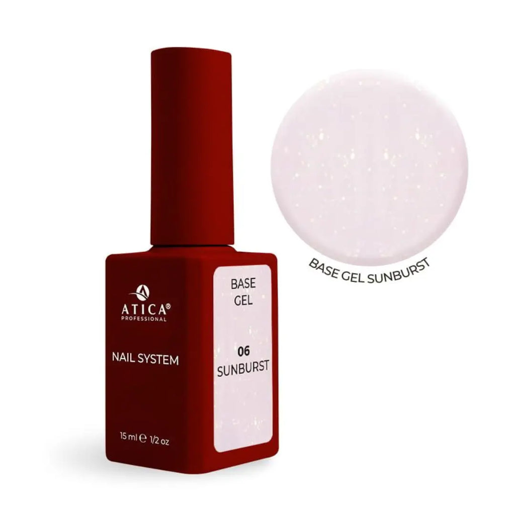 Atica Cover Base Gel 06 Sunburst 15ml bottle, pearly glow nude nail base