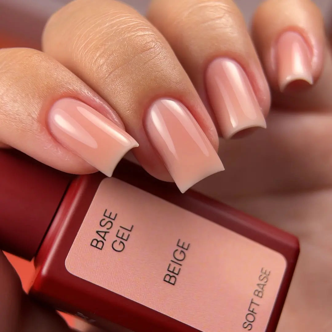 Soft beige nude nail base swatch, natural camouflage effect on nails