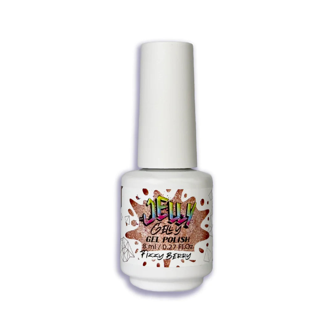 Jelly Gelly Gel Polish Fizzy Berry – vibrant red gel polish with glitter in an 8ml bottle.