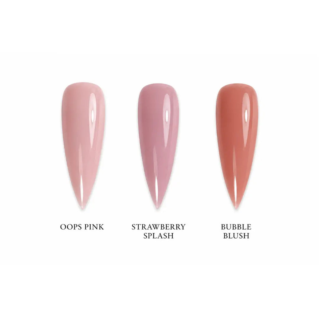 Three glossy nail color swatches on a white background, labeled OOPS PINK, STRAWBERRY SPLASH, and BUBBLE BLUSH.