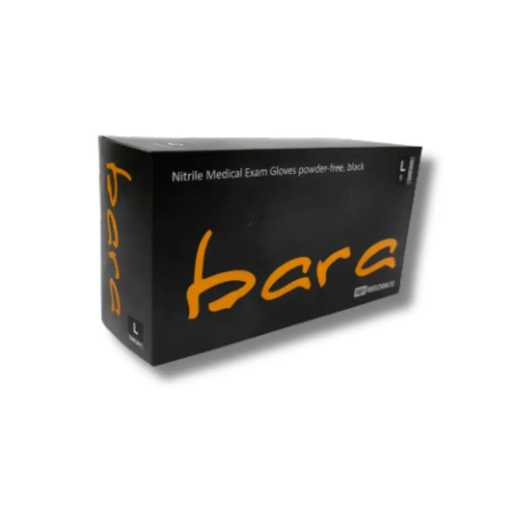 Box of Nitrile Medical Exam Gloves with 'bara' branding on a white background