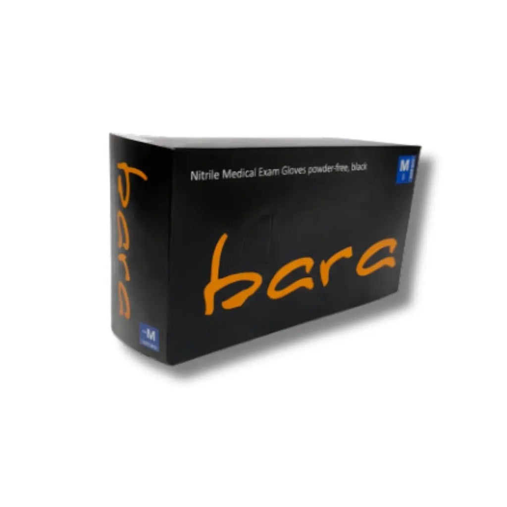 Box of nitrile medical exam gloves with 'bara' branding on a white background