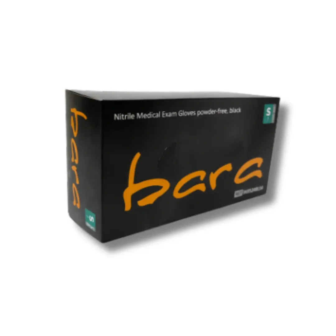 Box of Nitrile Medical Exam Gloves with 'bara' branding on a white background
