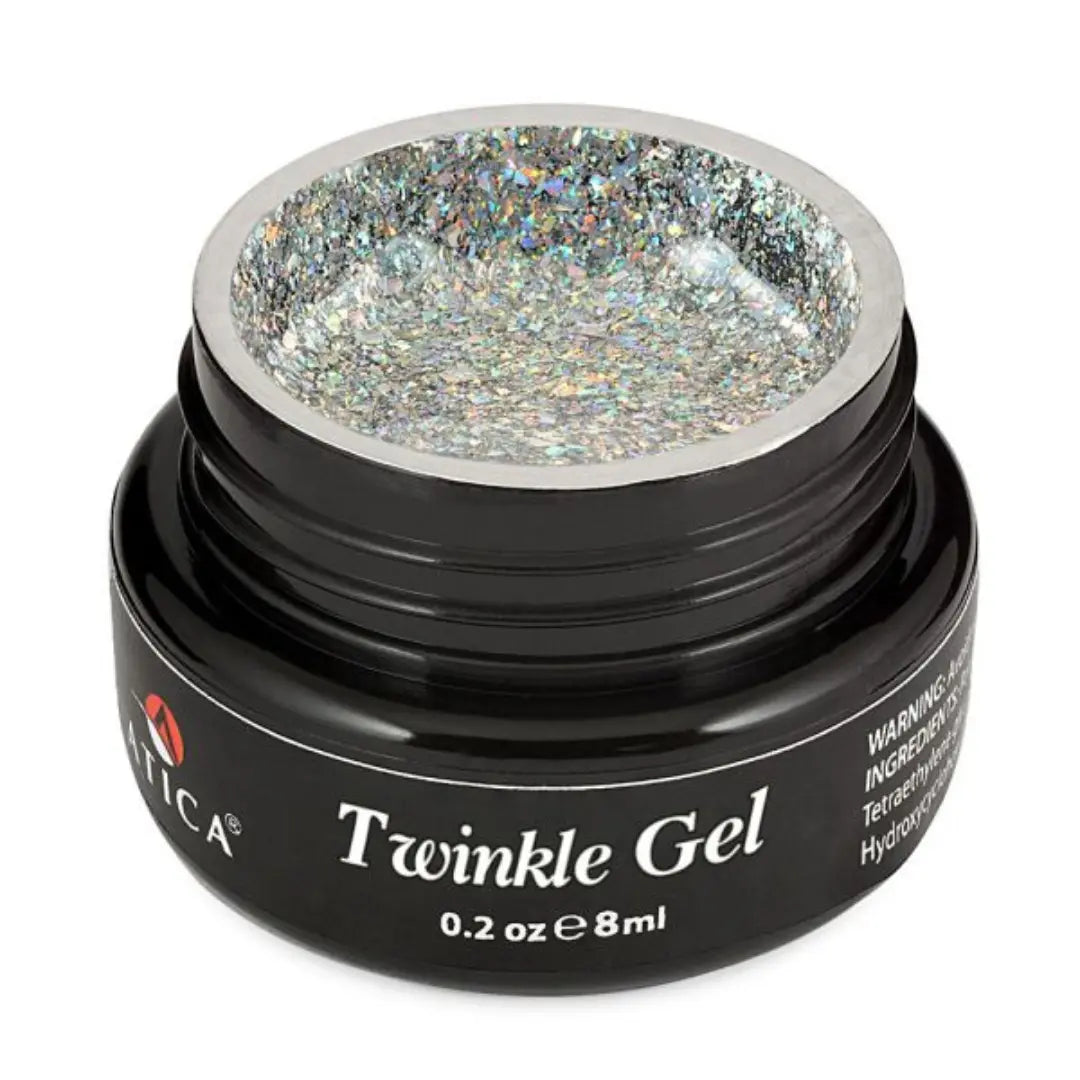 Atica Twinkle Gel Bling 8ml – open jar with silver holographic glitter gel.