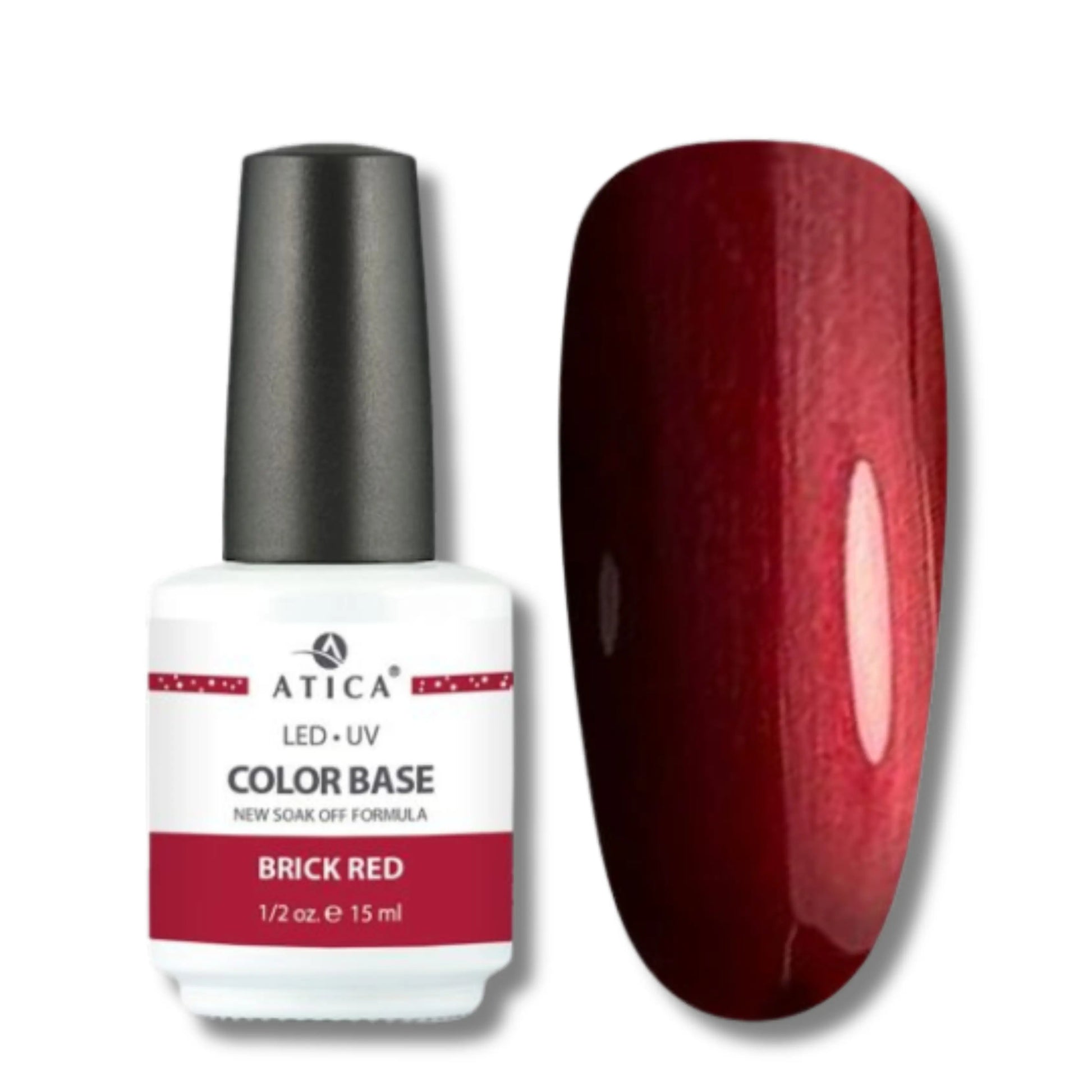 Atica Rubber Base Coat Brick Red 15 ml – rich, deep red rubber base with glossy finish