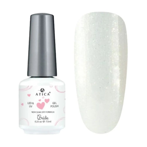 Atica Gel Polish – Bride 7.5ml bottle with soft white shade and subtle shimmer finish.