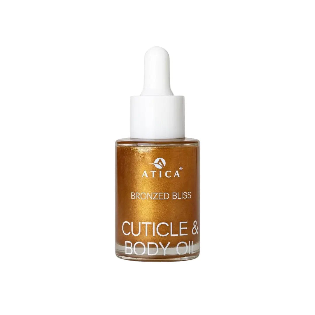 Atica Bronzed Bliss Cuticle & Body Oil dropper bottle on a white background