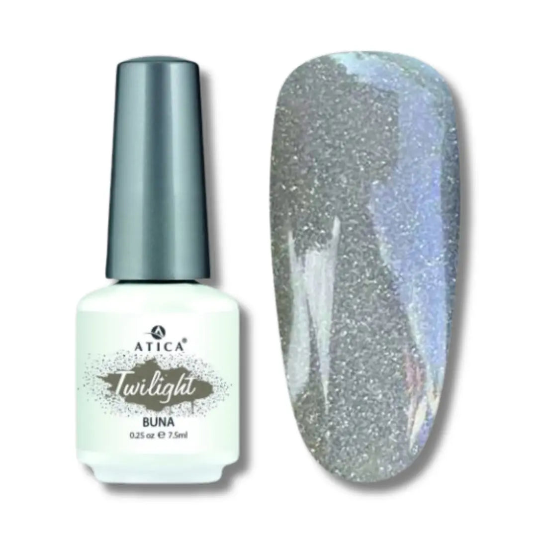 Atica TWILIGHT Gel Polish in Buna – light silver-grey holographic gel polish bottle, 7.5ml

