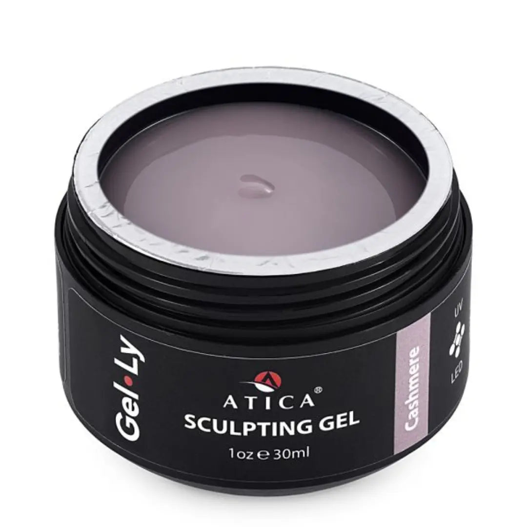 Atica Gel*Ly Sculpting Gel Cashmere 30ml – thick natural-toned builder gel in a black jar.