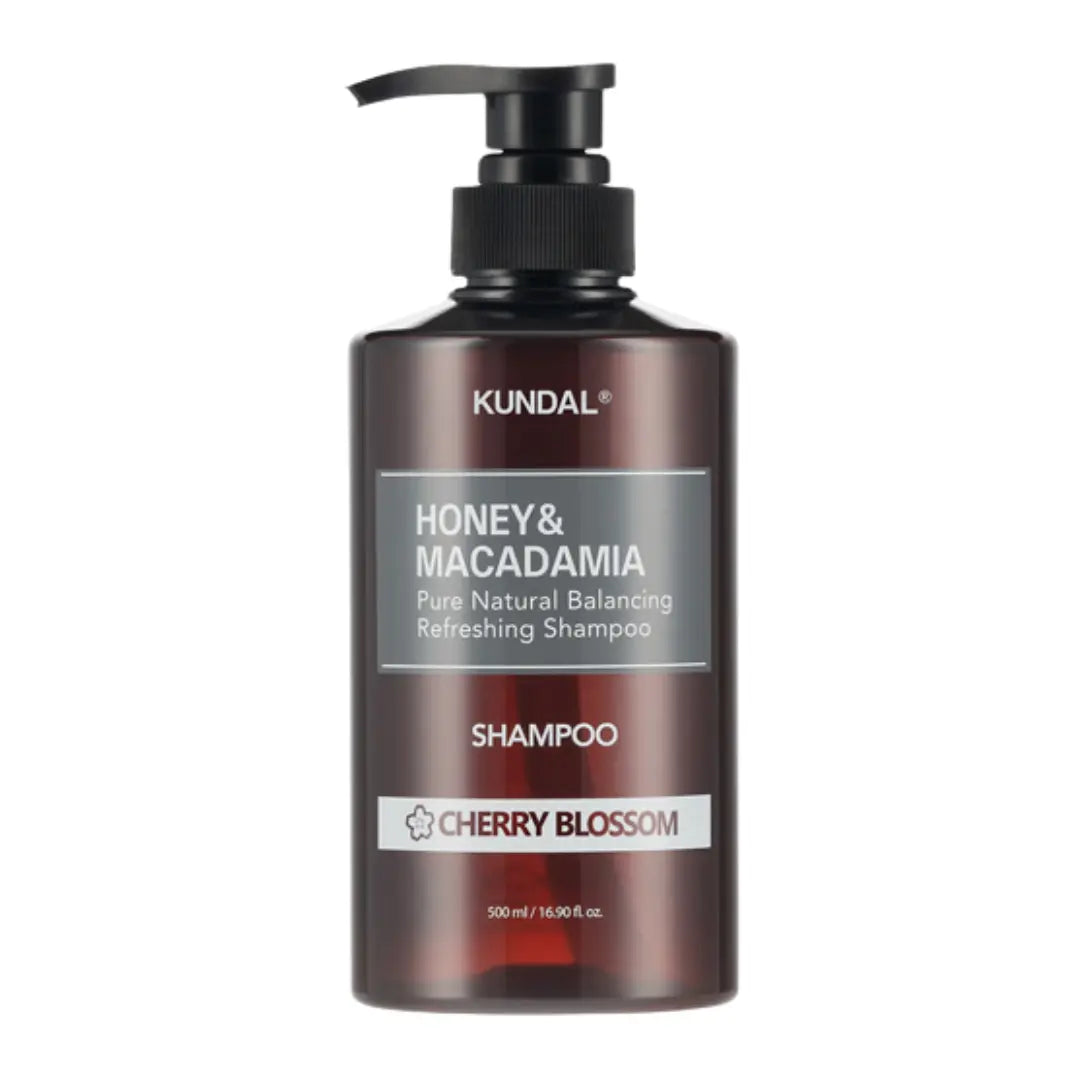 Kundal Honey and Macadamia Nature Shampoo Cherry Blossom 500ml pump bottle showing professional moisturizing hair wash