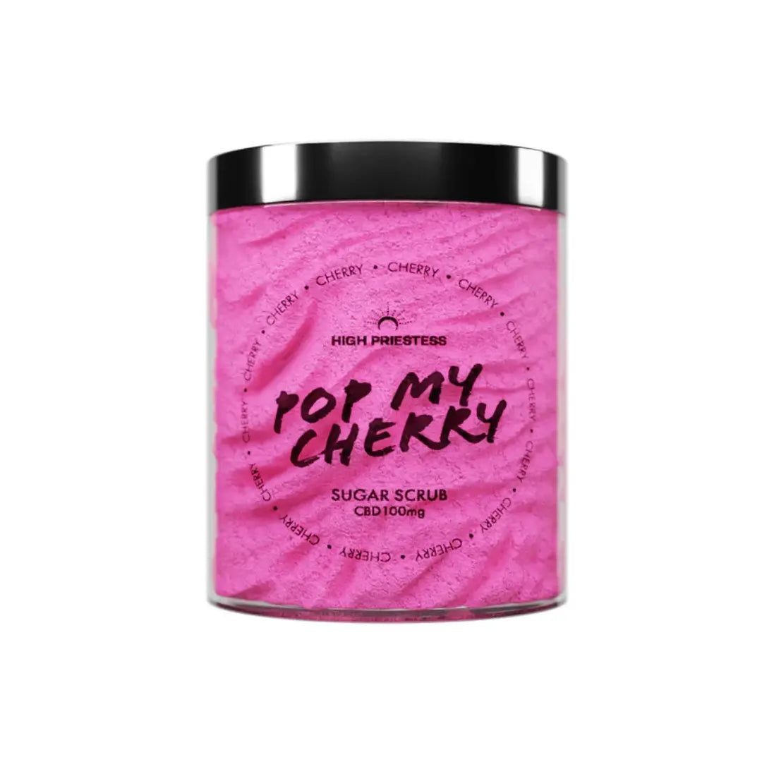 Pop My Cherry Sugar Scrub – 300ml vegan exfoliator with juicy cherry scent and creamy texture.

