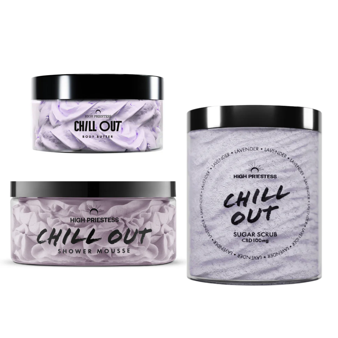 Three containers of 'High Priestess' Chill Out products on a white background
