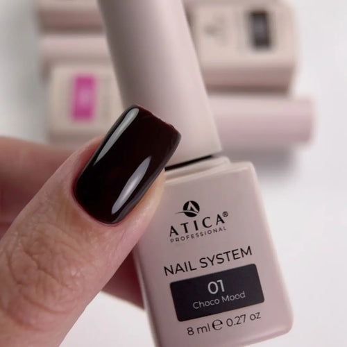 Atica Choco Mood 01 Gel Polish 8ml bottle showing dark chocolate espresso brown colour