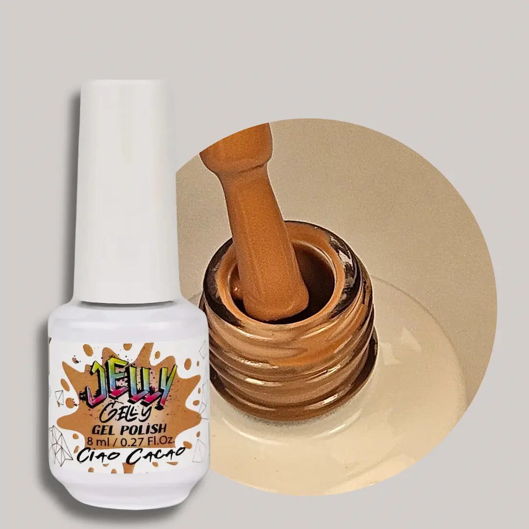 Jelly Gelly Gel Nail Polish in Ciao Cacao – deep chocolate-brown gel polish bottle, 8ml