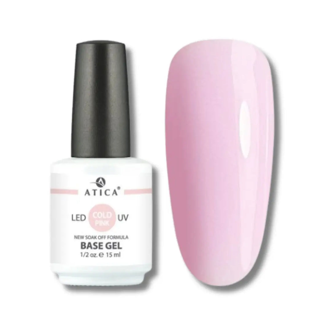 Atica Cold Pink Camouflage Base 15ml – rubber base coat, smooths imperfections, glossy finish, long-lasting, non-yellowing, strengthens nails.