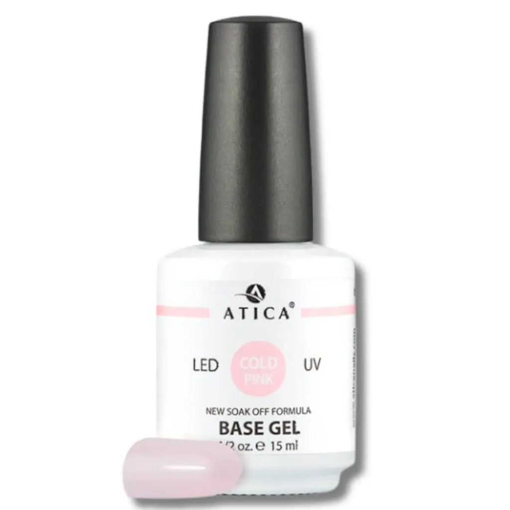 Atica Cold Pink Camouflage Base 15ml – rubber base coat, smooths imperfections, glossy finish, long-lasting, non-yellowing, strengthens nails.